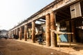 The architecture of an old market with ancient brick columns in the town of