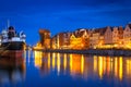 Architecture of the old town in Gdansk over Motlawa river at night Royalty Free Stock Photo