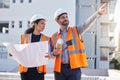 Architecture people pointing outdoor with blueprint planning, teamwork and construction worker at city site. Engineering Royalty Free Stock Photo