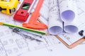 Architecture plan and rolls of blueprints Royalty Free Stock Photo