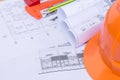 Architecture plan and rolls of blueprints Royalty Free Stock Photo