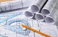 Architecture plans with pencil Royalty Free Stock Photo