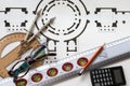 Project architecture with an old historic plan and useful tools. Royalty Free Stock Photo