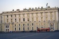 Architecture of Saint-Petersburg, Russia. Red touristic bus on Dvortsovaya Square