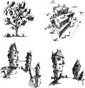 Four architectural sketches of architecture