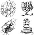 Four architectural sketches of architecture