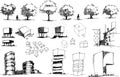 Many architectural sketches of a modern architecture and trees