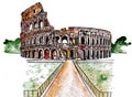 Architecture sketch. Roman Colosseum. Watercolor imitating painted sketch. Travel sketchbook architecture drawing