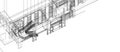 Architecture space design concept 3d perspective white wireframe rendering black background