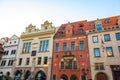 The architecture of the strago city of Prague. Multi-colored low buildings and stone paving stones. Streets of old Europe