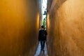 The architecture of the strago city of Prague. The narrowest street in Europe. The passage between buildings for one person, Royalty Free Stock Photo