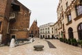 Architecture of streets of Krakow town in rainy day