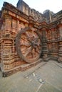 Stone carved wheel at Sun temple, Konark, India. Royalty Free Stock Photo