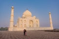 The architecture of the Taj Mahal is an ivory-white marble mausoleum on the south bank of the Yamuna River in the city of Agra
