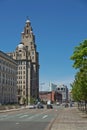 Architecture and traffic at the Strand street in Liverpool city, England