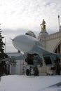 Architecture of VDNKH park in Moscow. Airplane put in front of the Space Pavilion