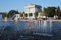 Architecture of VDNKH park in Moscow. Stone flower fountain.