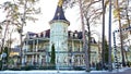 Architecture of wooden houses in the snowy resort town of Jurmala. Latvia, January 2019 Royalty Free Stock Photo