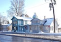 Architecture of wooden houses in the snowy resort town of Jurmala. Latvia, January 2019 Royalty Free Stock Photo