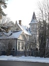 Architecture of wooden houses in the snowy resort town of Jurmala. Latvia, January 2019 Royalty Free Stock Photo