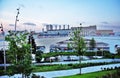 Architecture of Zaryadye park in Moscow. People walk on a glass bridge. Royalty Free Stock Photo