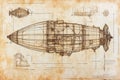 Archival steampunk airship plan on museumquality parchment with curator annotations, exhibit labels, provenance marks Royalty Free Stock Photo