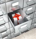 Archival storage locker. White box with a red bow, an envelope in a drawer. Royalty Free Stock Photo