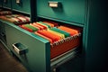 Archive file cabinet with colorful folders. File cabinet with documents, Filing Cabinet, AI Generated