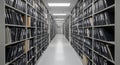 Archive Room Full of Files and Documents in Binders on Shelves in Long Illuminated Aisle Way Data Management Storage Royalty Free Stock Photo
