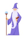 Archmage with ancient staff. Wizard connoisseur ice magic long gray beard blue robe with staff.