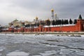 Archtecture of Moscow Kremlin. Color wnter photo, frozen Moscow river at foreground