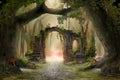 Archway in an enchanted fairy forest landscape, misty dark mood,
