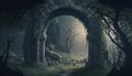 Archway in an enchanted fairy forest landscape, misty dark mood, can be used as background Royalty Free Stock Photo