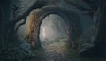 Archway in an enchanted fairy forest landscape, misty dark mood, can be used as background Royalty Free Stock Photo