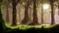 Archway in an enchanted fairy forest landscape, misty dark mood. Mysterious enchanted forest in the evening or night Royalty Free Stock Photo