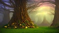 Archway in an enchanted fairy forest landscape, misty dark mood. Mysterious enchanted forest in the evening or night Royalty Free Stock Photo