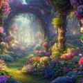 Archway in an enchanted fairy garden landscape. Generative AI Royalty Free Stock Photo