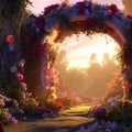 Archway in an enchanted fairy garden landscape. Generative AI Royalty Free Stock Photo