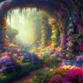 Archway in an enchanted fairy garden landscape. Generative AI Royalty Free Stock Photo