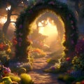 Archway in an enchanted fairy garden landscape. Generative AI Royalty Free Stock Photo