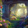 Archway in an enchanted fairy garden landscape. Generative AI Royalty Free Stock Photo