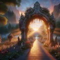 Archway in an enchanted fairy garden landscape. Generative AI