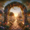 Archway in an enchanted fairy garden landscape. Generative AI