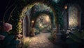 Archway in an enchanted fairy garden landscape. Generative AI Royalty Free Stock Photo