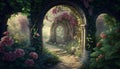 Archway in an enchanted fairy garden landscape. Generative AI Royalty Free Stock Photo