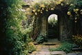 an archway leads into a garden with yellow flowers