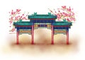 Archway gate of China Beijing Miaoying Temple or White Pagoda Lama Temple with Tibetan style pagoda and Spring peach blossom Royalty Free Stock Photo