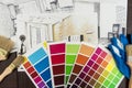 Arcitechture blueprint for renovation home. Color catalog with house sketch at  office desk Royalty Free Stock Photo