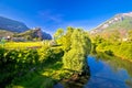 Arco castle on the cliff and Sarca river landscape view Royalty Free Stock Photo