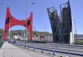 Arcos Rojos by Daniel Buren of Salbeko Zubia Bridge from Bilbao city in Spain Royalty Free Stock Photo